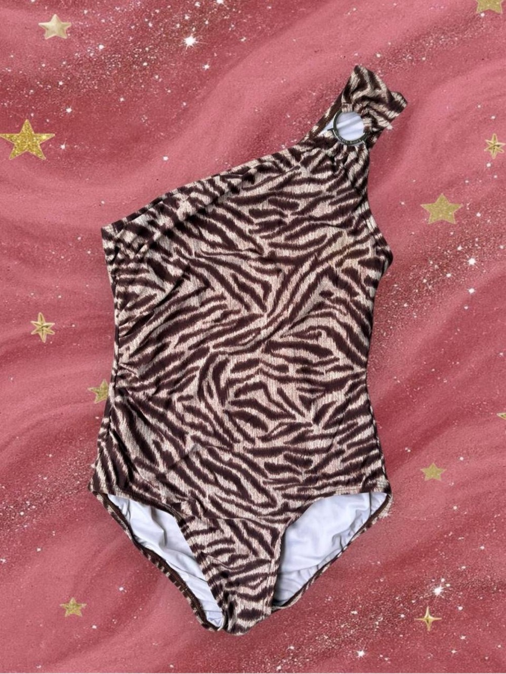 MICHAEL Michael Kors Brown and Pink Zebra One-Shoulder Swimsuit